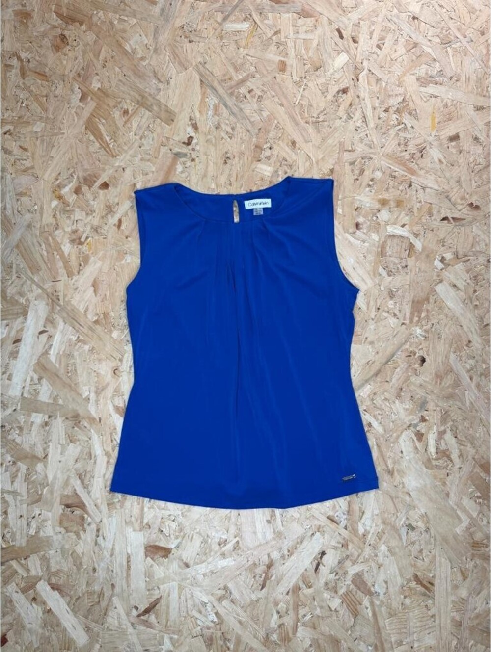 Calvin Klein Womens Medium Blue Pleated Neck Sleeveless Blouse Top